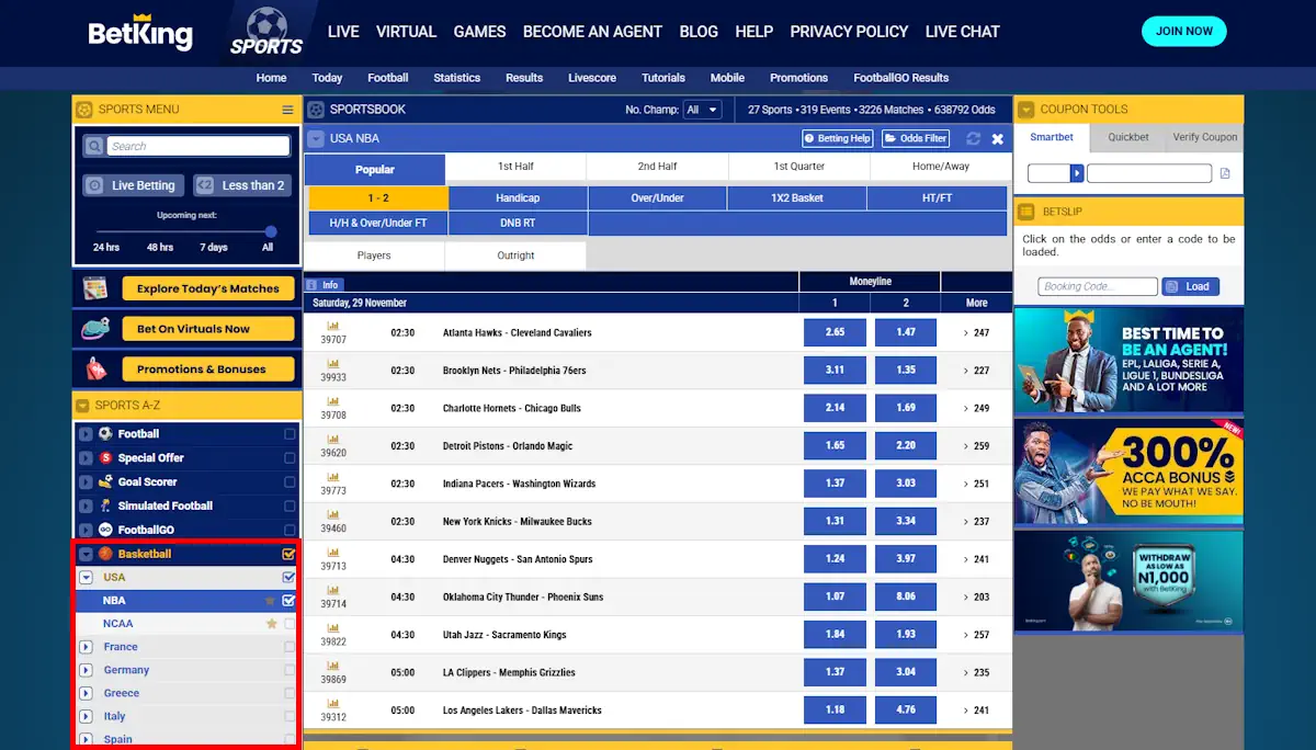 BetKing Basketball Betting Screenshot